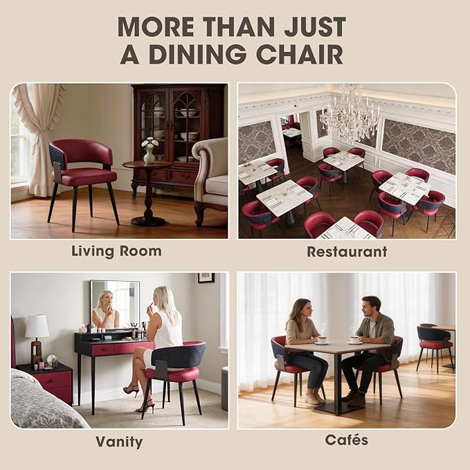 Modern Dining Chairs Set of 2, Upholstered Faux Leather Kitchen Side Chairs with Curved Open Back, Easy Assembly for Dining Room, Restaurant, Cafe, Magenta