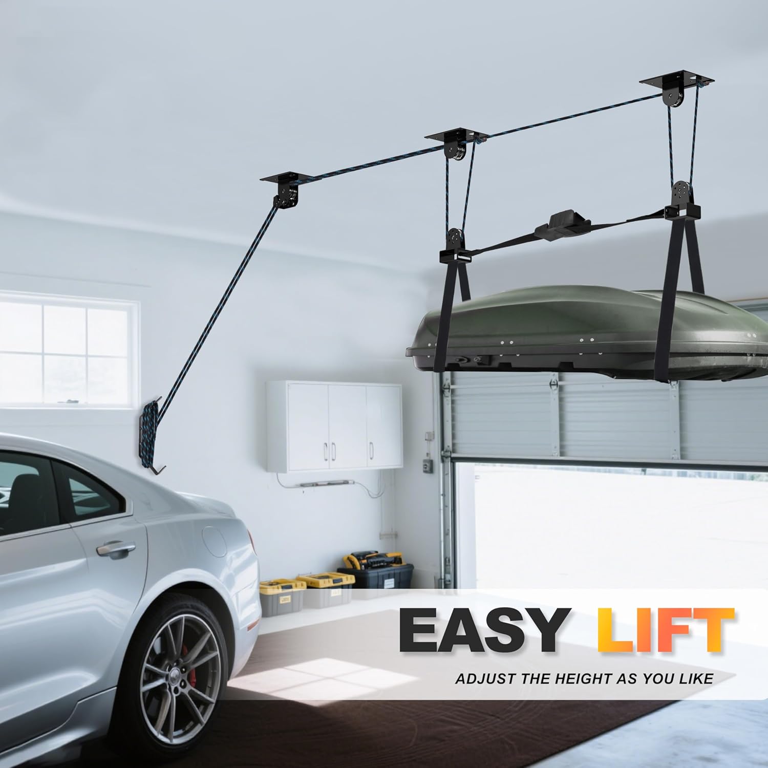 Hikeen Ceiling Hoist for Cargo Box, Heavy Duty Garage Storage Lift Pulley System Holds Up to 150 lbs Capacity, Fits 10-14 Foot Tall Garage Ceilings