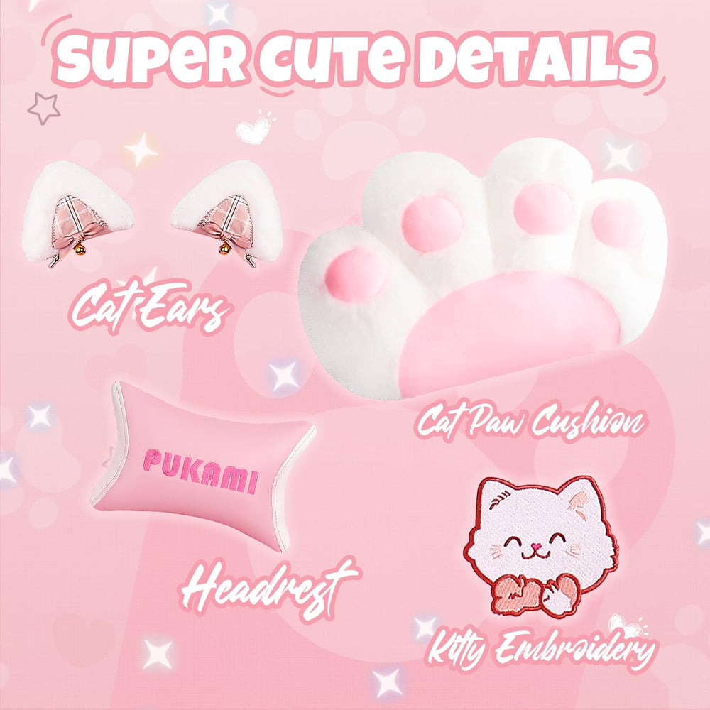 Pink Gaming Chair with Cat Ears & Footrest, Ergonomic Gaming Computer Des...