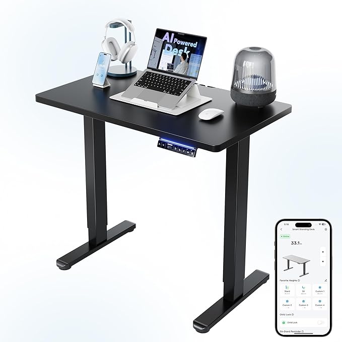 HUANUO One-Piece 32 inch Electric Standing Desk, Smart APP, Alexa & Google Voice Control, Wi-Fi, Adjustable Height, 6 Memory Settings, Sedentary Reminder, Posture & Neck Care, Black