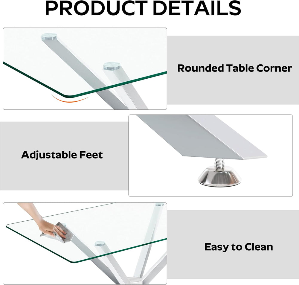 yeag Modern Rectangular Glass Dining Table Set, 47" Clear Tempered Glass...