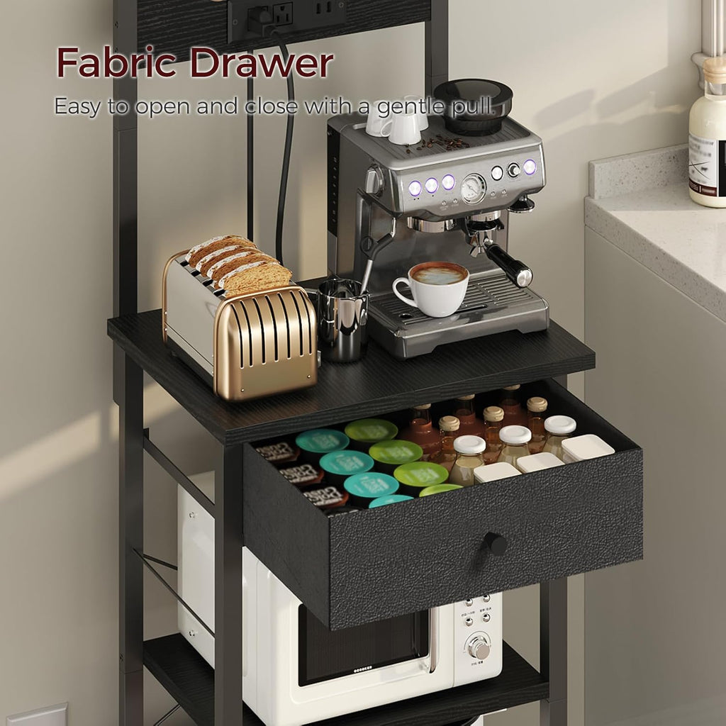MAHANCRIS Bakers Rack with Drawer, Microwave Stand with Power Outlet, Coffee Bar Station with 4 Hooks, Kitchen Storage Shelf Rack 4 Tiers, for Kitchen, Dining Room, Black BRBK48E01