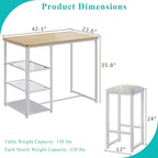 VECELO Small Bar Table and Chairs Set for 2, Upholstered Stools & Glass Storage Shelves, for Kitchen Dining Breakfast Nook, Space-Saving, Natural & White