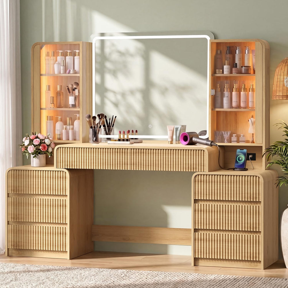 Big Vanity Desk, Fluted Makeup Vanity with Mirror Lights, Dressing Table