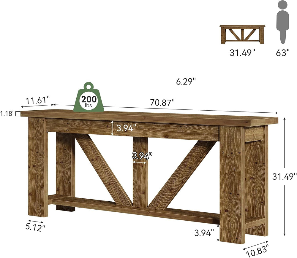 Solid Wood Sofa Table, 70.9 Inches Extra Long Console Table with 2 Tiers Stor...