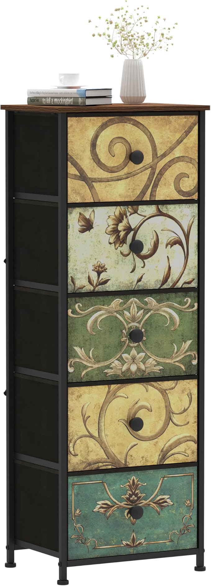 Tohomeor Small Dresser for Bedroom with Retro Flower Narrow Drawers Slim Ches...