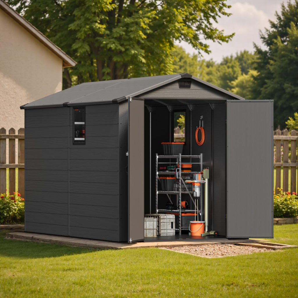 Patiowell 6x10FT Outdoor Storage Shed with Floor, Plastic Resin Garden Shed with Lockable Door, Windows, Weather-Resistant for Lawn Mower, Tool & Backyard Storage (Dark Grey)