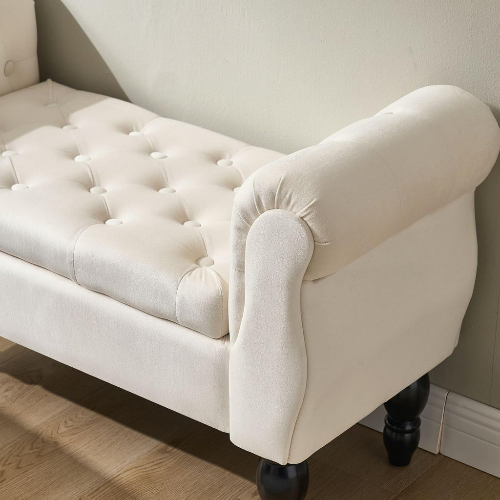 Armed Storage Bench for End of Bed, Modern Velvet Ottoman Bedroom Bench with Wood Legs Upholstered Entryway Bench with Storage, Button Tufted Window Ottoman for Living Room, Reception, Cream