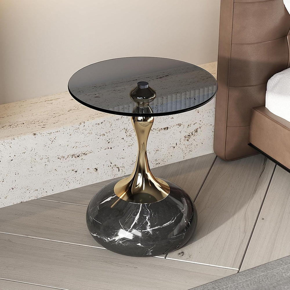 Lartis 10mm Gray Tempered Glass Side Table with Marble-Finish Base & Nano...