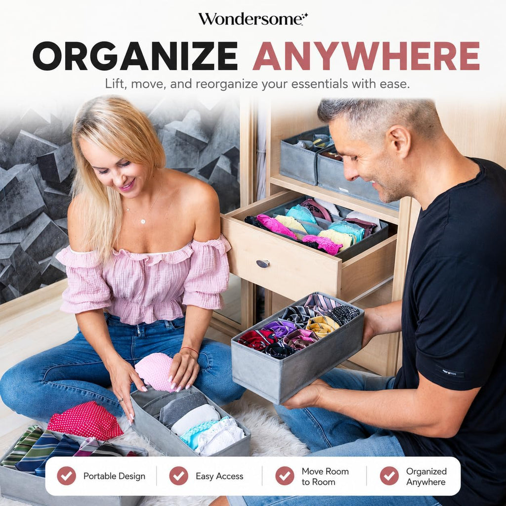 Wondersome Drawer Organizer for Clothes - 6-Pack of Underwear, Sock, Bra, Tie and Clothing Divider - Bedroom Shelf/Cabinet Storage Organization - Foldable Closet and Dresser Fabric Organizing Boxes