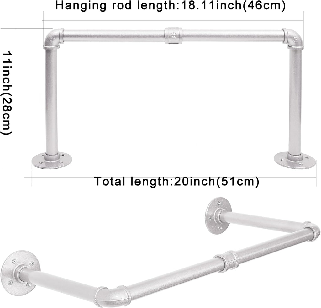 WEBI Industrial Pipe Clothing Rack,20" Wall Mounted Clothes Rack for Hanging Clothes,Heavy Duty Metal Garment Rack Bar Wall Mount Clothing Rod for Closet,Laundry Room,Silver,2 Packs