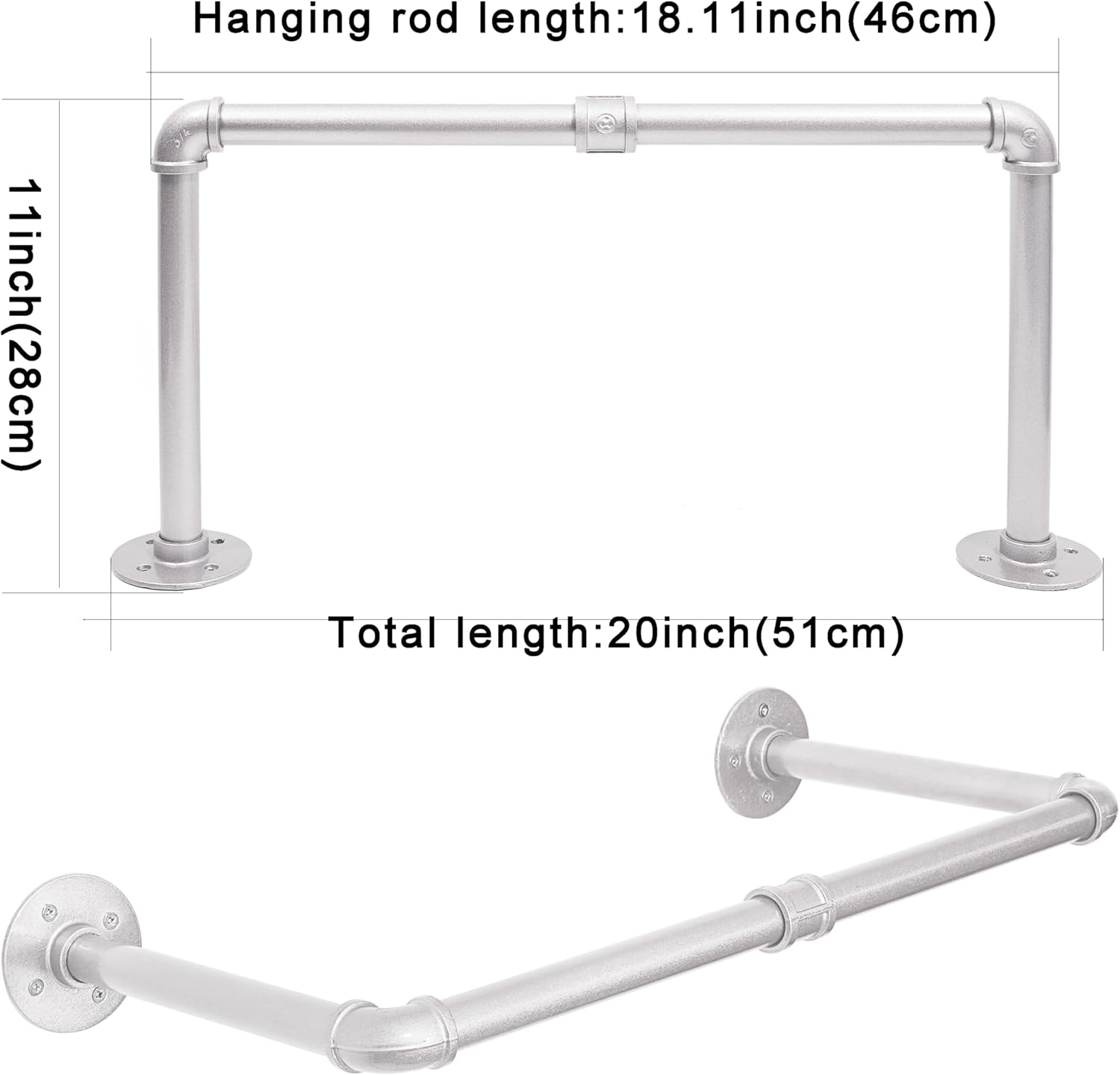 WEBI Industrial Pipe Clothing Rack,20" Wall Mounted Clothes Rack for Hanging Clothes,Heavy Duty Metal Garment Rack Bar Wall Mount Clothing Rod for Closet,Laundry Room,Silver,2 Packs