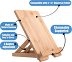 Bamboo Tablet Holder - Adjustable Folding iPad Stand with Charge Port for Desk or Cooking