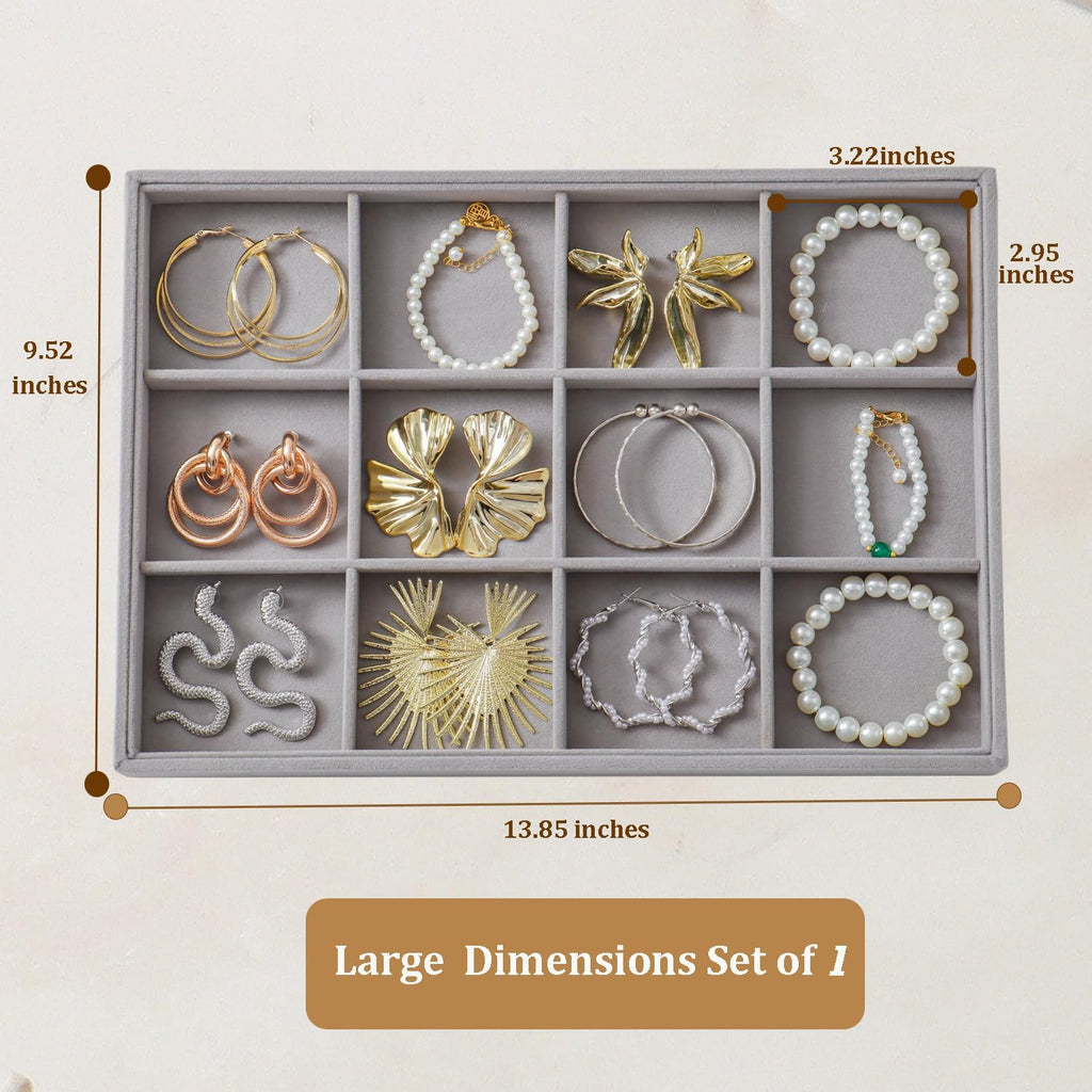 Large Jewelry Organizer for Drawer Insert Velvet Stackable Jewelry Trays for Earring Necklace Bracelet Ring Display (Gray, 12 Grids)