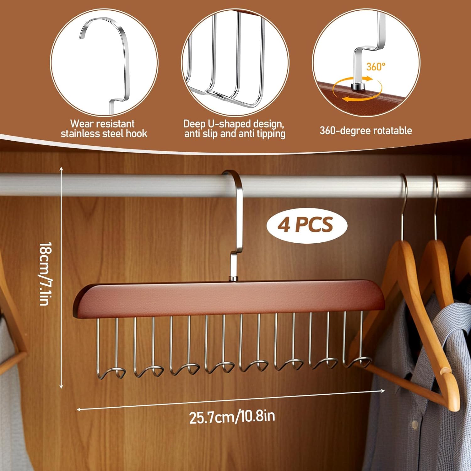 4 PCS Tie Holders for Closet, Belt Rack Wooden Bra Hangers for Closet Organizer with 32 Hooks Belt Holder Tie Hangers for Men 360-Degree Rotatable Space Saving for Ties, Scarves and Handbags