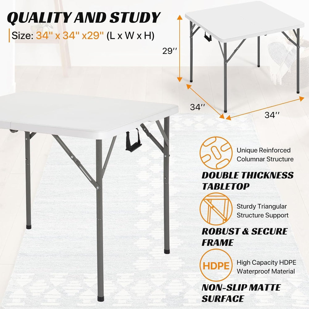 34" Square Folding Table, Portable Plastic Table No Assembly Needed, Fol...