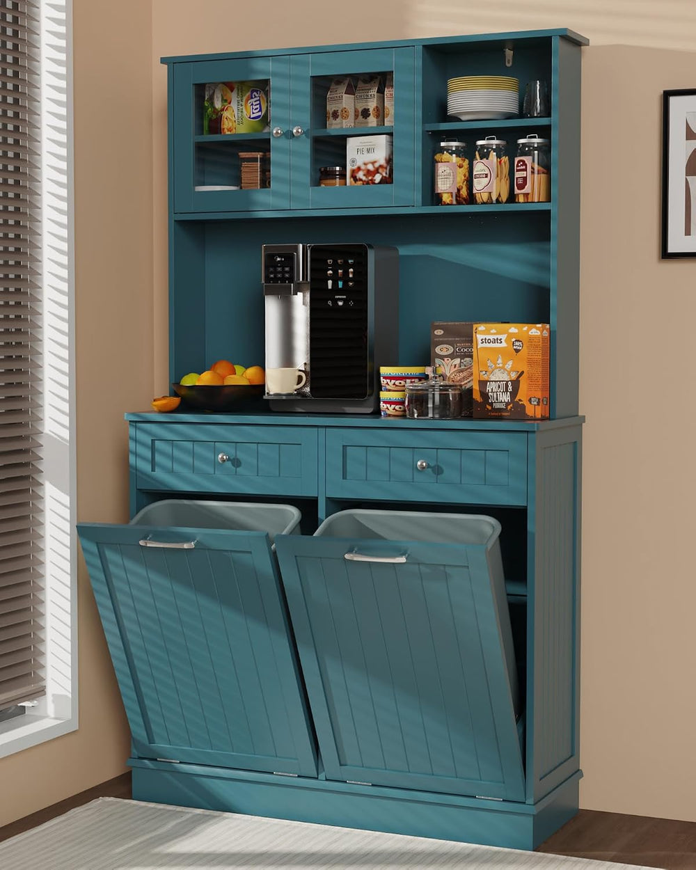 Tilt Out Trash Can Cabinet,Coffee Bar with Trash Can Storage,Teal
