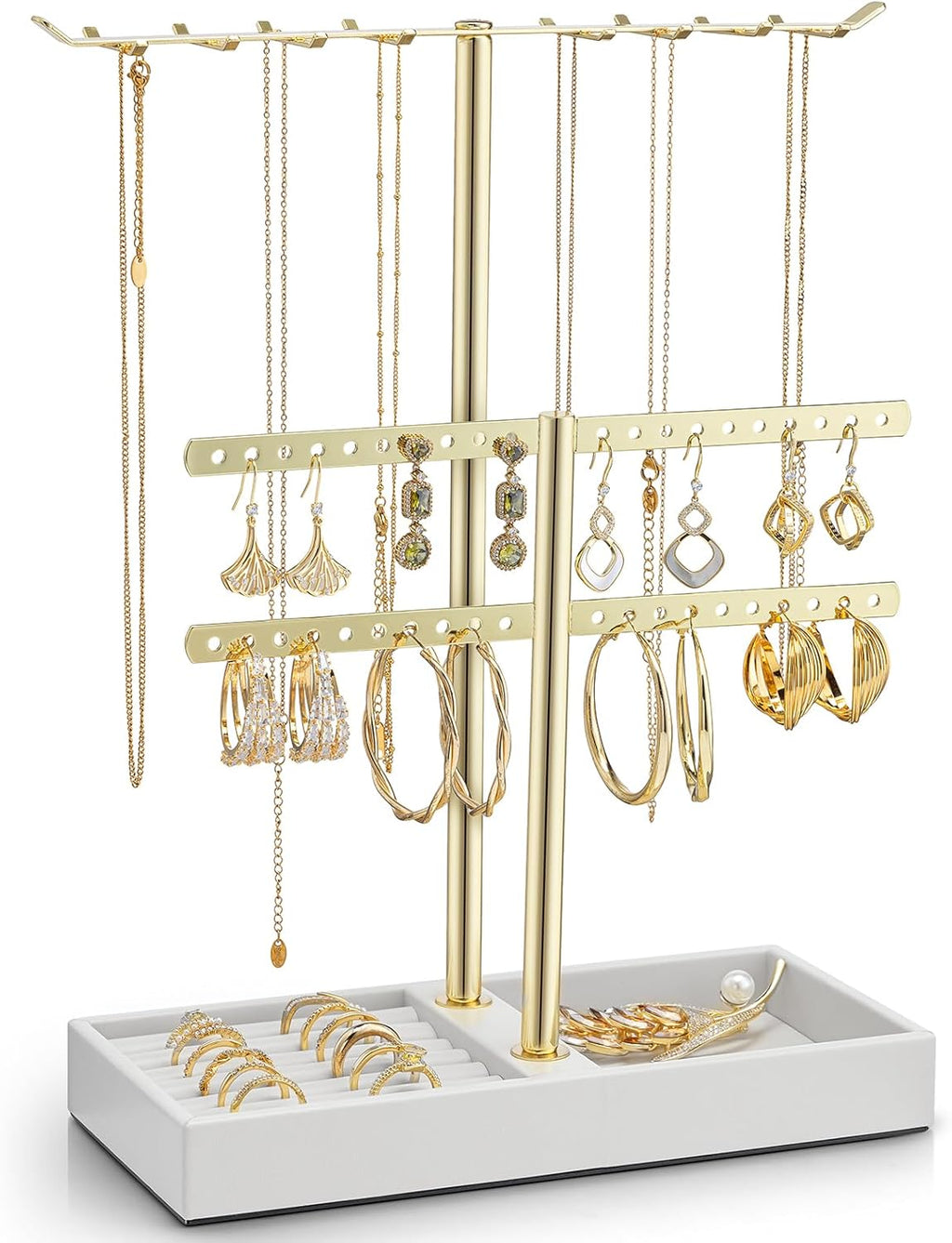 Vlando 2 Tier Jewelry Stand Organizer with Tary, Leather Jewelry Holder Display for Women, Gold Jewlery Holder Stand for Necklace, Earring, Bracelet, Rings - White