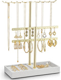 Vlando 2 Tier Jewelry Stand Organizer with Tary, Leather Jewelry Holder Display for Women, Gold Jewlery Holder Stand for Necklace, Earring, Bracelet, Rings - White