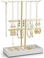 Vlando 2 Tier Jewelry Stand Organizer with Tary, Leather Jewelry Holder Display for Women, Gold Jewlery Holder Stand for Necklace, Earring, Bracelet, Rings - White