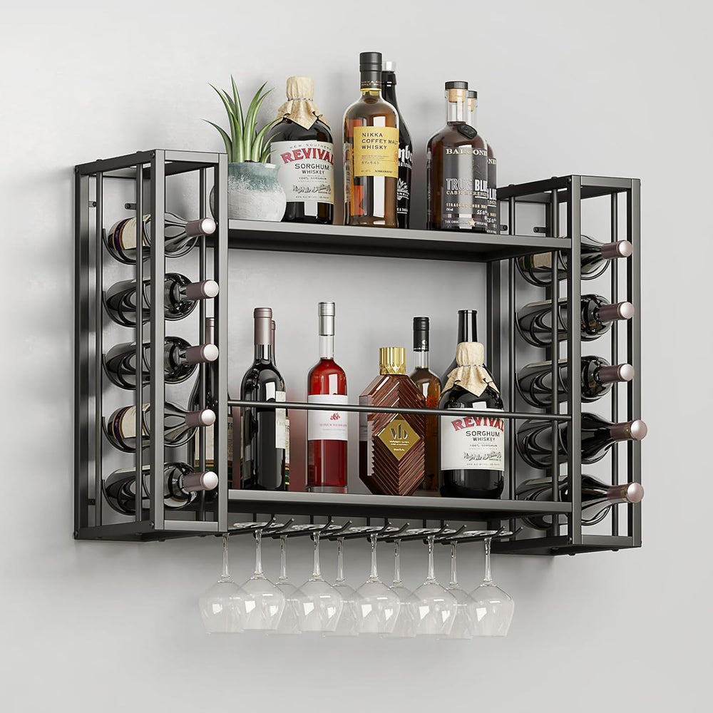 Wall Mounted Wine Rack with Glass Holder | Hanging Liquor & Wine Glass Ra...