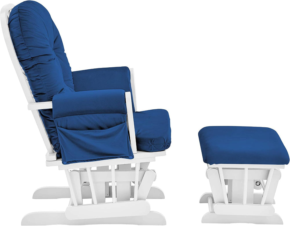 Glider and Ottoman White Wood and Navy Fabric