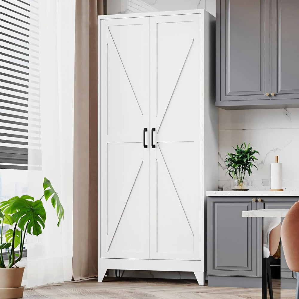 PEUKC 75" Farmhouse Metal Storage Cabinet with Doors and 4 Adjustable Sh...