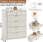 LEYAOYAO Fluted 6 Drawers Dresser for Bedroom, 42" Tall Modern Chest of Drawers with Metal Handle, Curved Profile Design,White Wood Drawer Organizer for Bedroom, Living Room, Hallway, Entryway