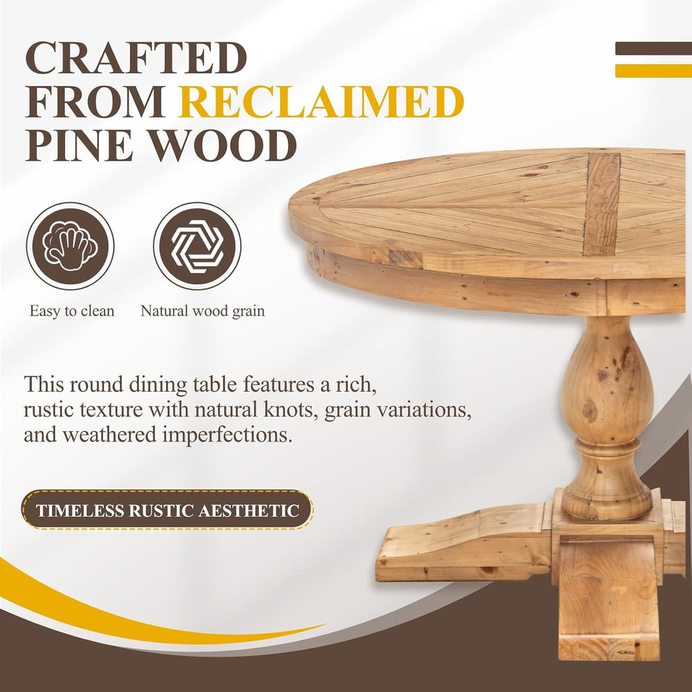 47" Round Dining Table with Wooden Pedestal Base, Reclaimed Pine Wood Di...