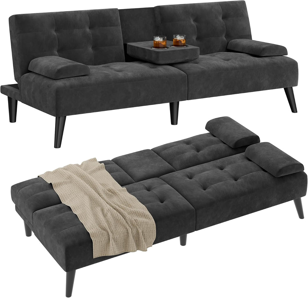 Shintenchi 64" Futon Sofa Bed, Velvet Foldable Couch, Upholstered Lovese...