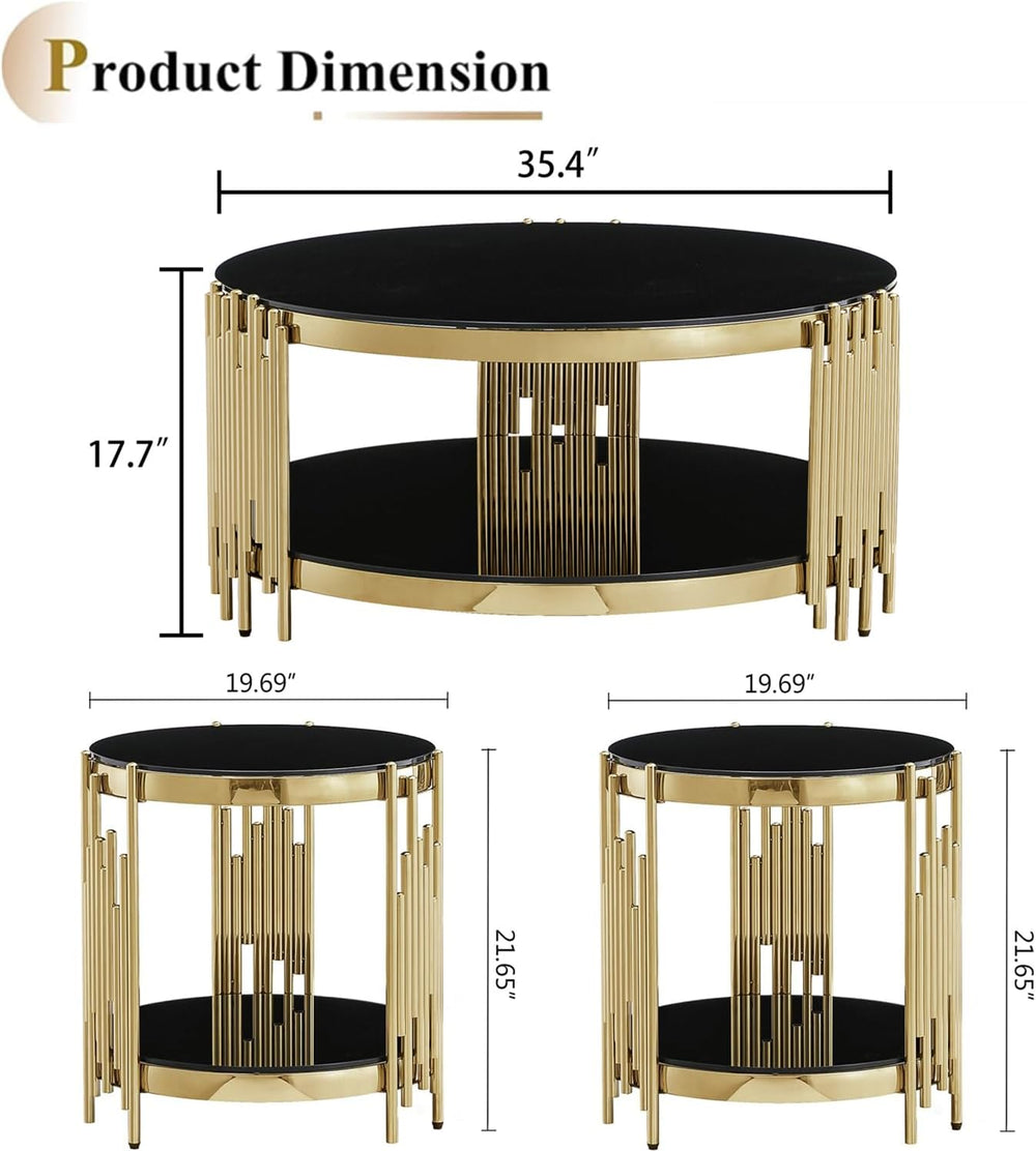 Luxury Glass Circular Coffee Table Set of 3, Black Glass Coffee Table and 2 B...