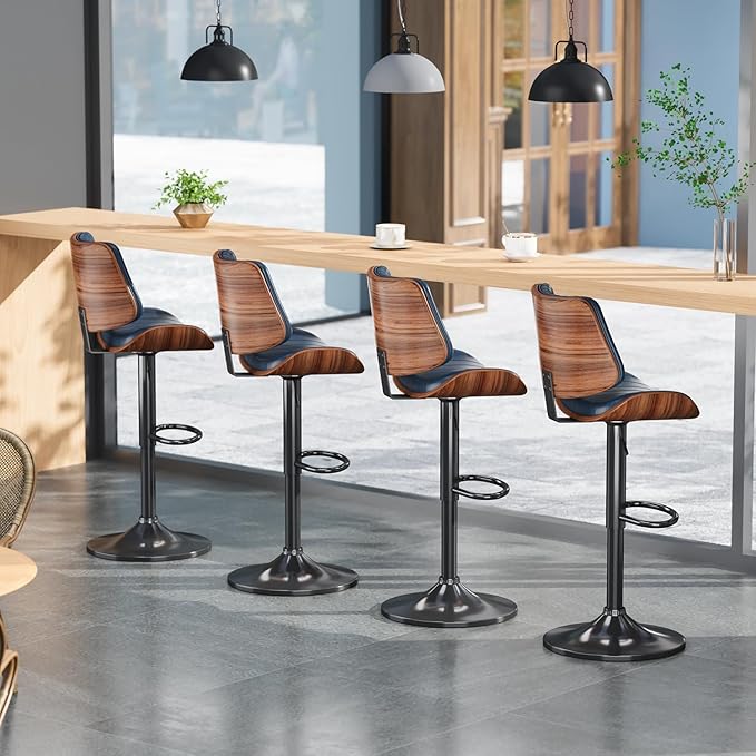 Swivel Bar Stools Set of 4, Adjustable Bentwood Barstools for Kitchen Counter, Modern PU Leather Upholstered Bar Chair with Back and Footrest, for Kitchen Island, Bar, Dining Room, Navy
