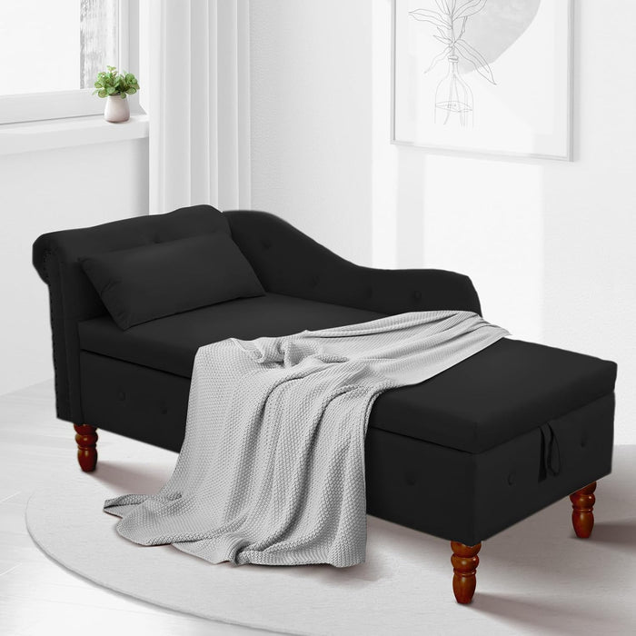 Chaise Lounge Indoor with Storage, Modern Upholstered Nailhead Velvet Couch Sleeper Chair, Chaise Lounge Chair Indoor Bedroom Living Room Office（Black）