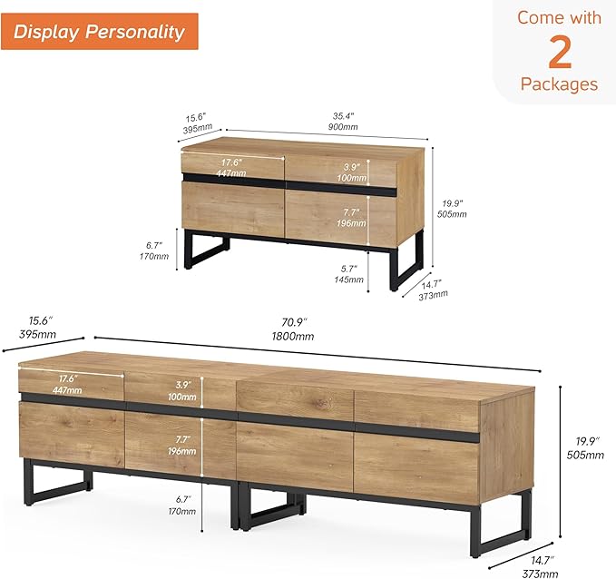 WAMPAT Modern TV Stand for TVs Up to 75 Inch, 2-in-1 Entertainment Center Media Console with Storage Cabinets, TV Console for Living Room, Oak