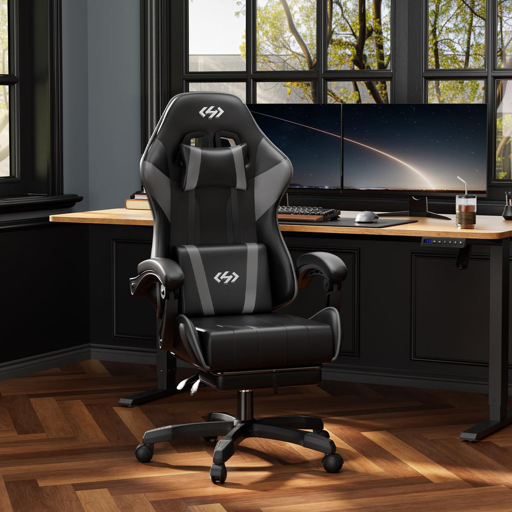 HLDIRECT Gaming Chair with Footrest, Lumbar Support & Headrest, Black&amp...