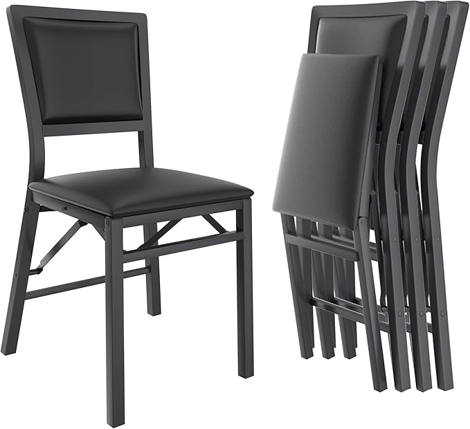 VECELO Folding Chairs Set of 4 with Cushion, Foldable Padded Seats with Heavy Duty Metal Frame for Kitchen/Dining/Living Room, No Assembly & Space Saving Design, Black