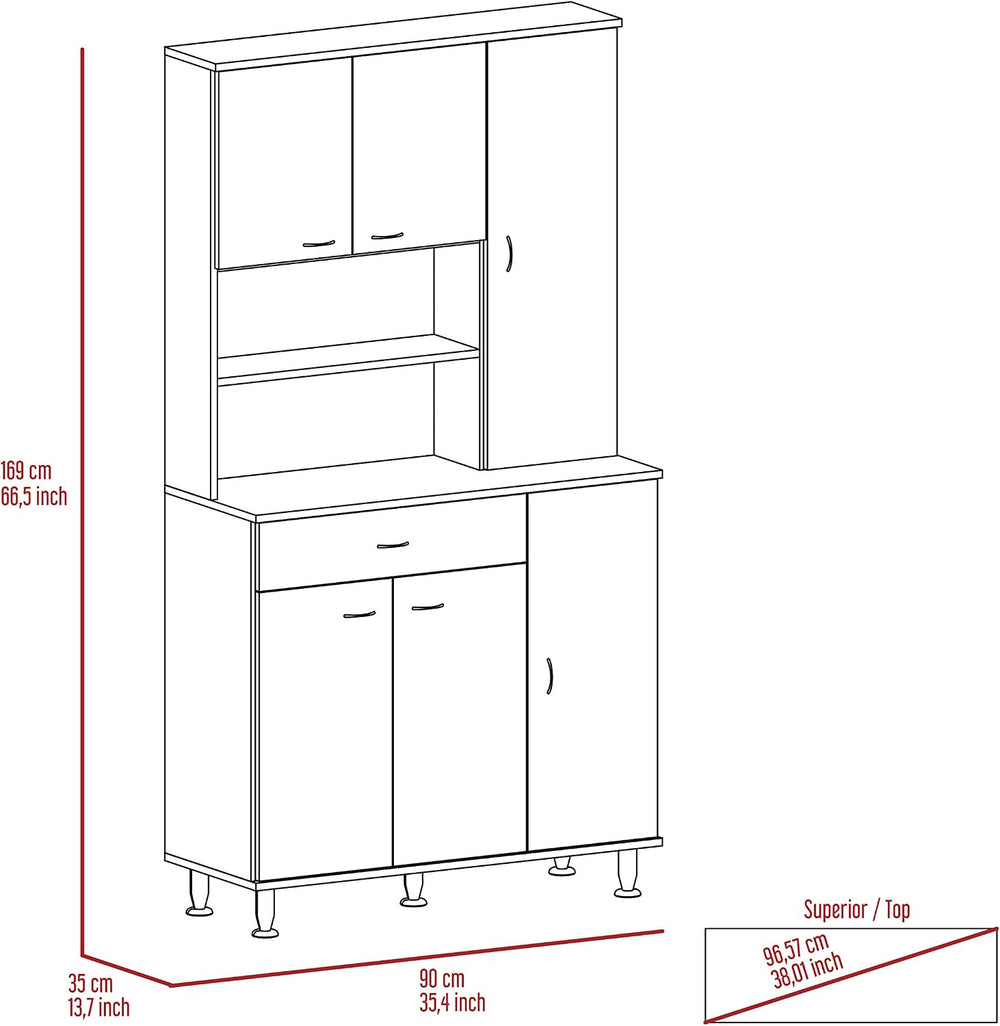 90 Kitchen Pantry, One Drawer, Multiple Cabinets, Two Open Shelvess -White