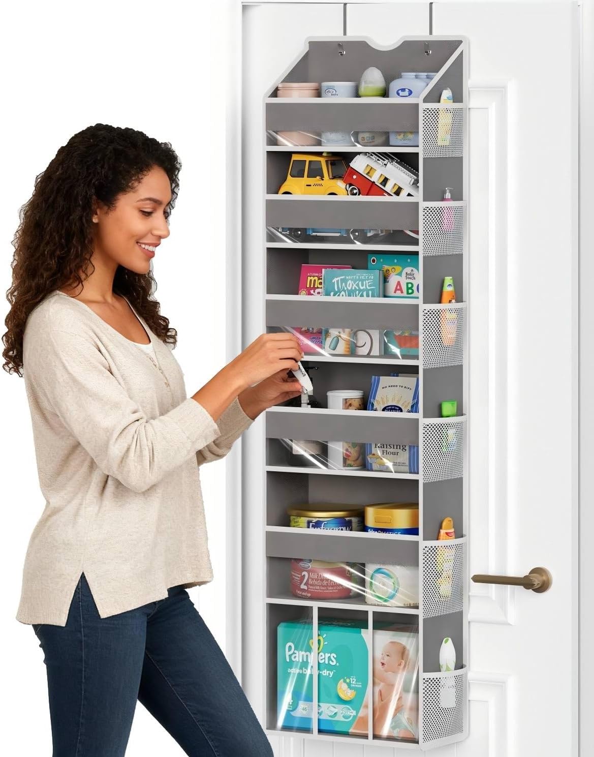 Over The Door Organizer with 6 Large Clear Pockets 12 Mesh Side Pockets - 50LB Heavy Duty Behind Door Storage, Door Hanging Storage for Closet Bathroom Pantry Nursery Laundry