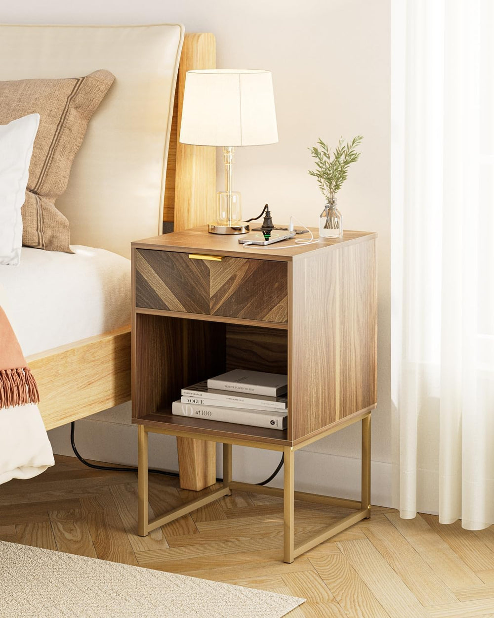 Nightstand with Charging Station,Modern Night Stand Boho Farmhouse Wood Bedsi...