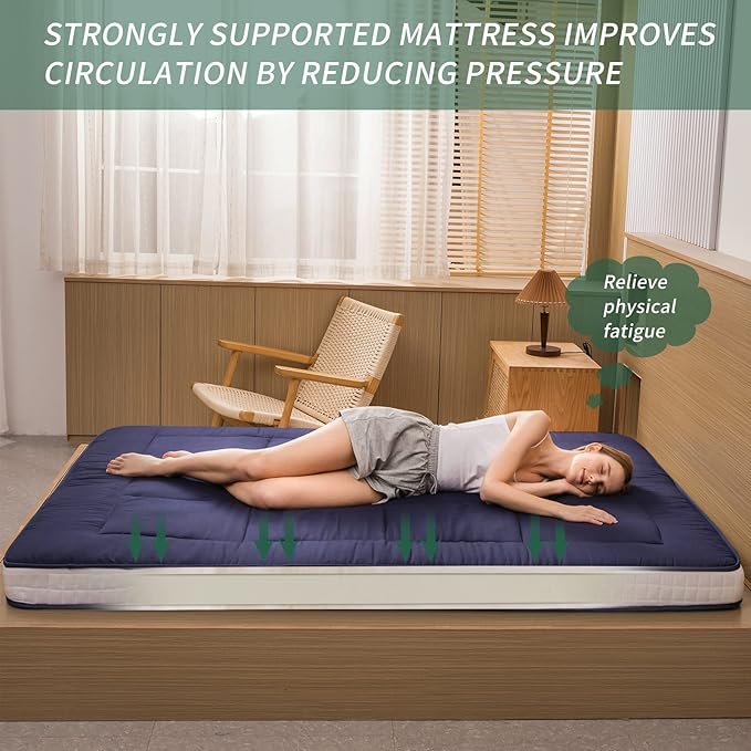 MAXYOYO Futon Mattress, Padded Japanese Floor Mattress Quilted Bed Mattress Topper, Extra Thick Folding Sleeping Pad Breathable Floor Lounger Guest Bed for Camping Couch, Navy, Full