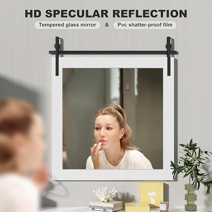 Hasipu Farmhouse Bathroom Mirror, 31"x31" Rustic Wood Framed Wall Mounted Mirror, White Vintage Vanity Mirror Barn Door Style Decrative Mirrors