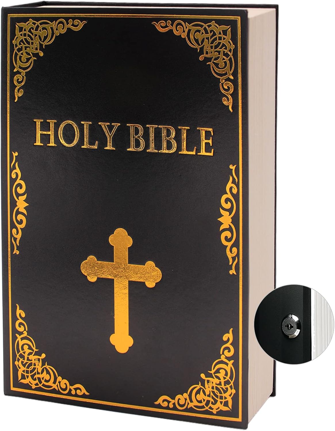 Leather Book Safe (Size 8.7"×6"×2") Real Paper Secret for Jewelry, Money and Cash, Diversion Book Safe,Hollow with Hidden,Key Lock (M, Bible-Key)