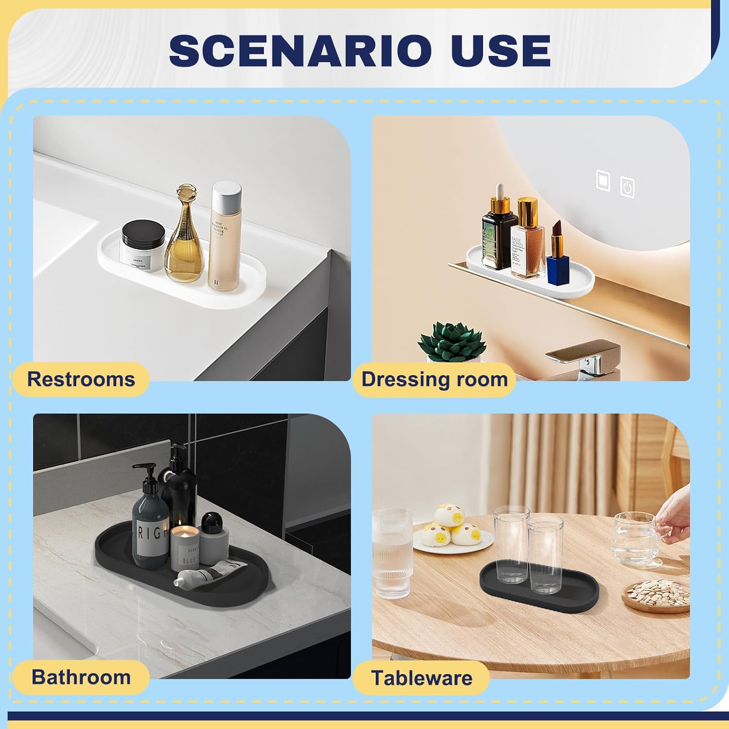 2 Pieces Silicone Shatterproof Bathroom Vanity Tray, 9.8" & 11.8" Oval White Kitchen Counter Tray, Hand Soap Dispenser Tray, Toilet Top Perfume Trays for Dresser Holder Organizer (White)