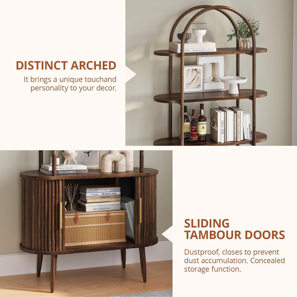 Airynee 71" Tall Arched Bookshelf with Sliding Doors, Mid Century Modern...