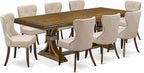 LESI9-AWA-04-9-pc Modern Dining Set Consists of a Dining Table and 8 Light Tan Linen Fabric Mid Century Dining Chairs with Button Tufted Back - Antique Walnut Finish