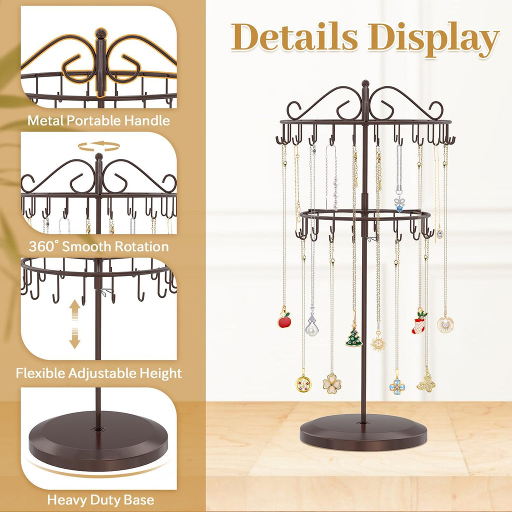 MODOWEY Rotating Necklace Holder Organizer Display Stand with 42 Hooks, 2 Tier Adjustable Metal Tree for Long Necklace Hanger Selling, Tall Spinning Bracelet Storage Rack for Men Women, Espresso Brown
