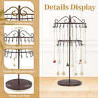 MODOWEY Rotating Necklace Holder Organizer Display Stand with 42 Hooks, 2 Tier Adjustable Metal Tree for Long Necklace Hanger Selling, Tall Spinning Bracelet Storage Rack for Men Women, Espresso Brown