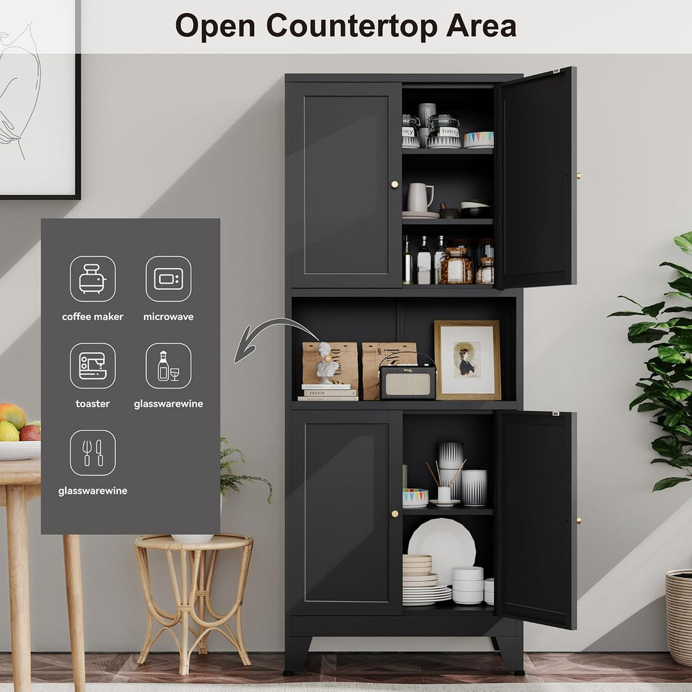 YAUWOH 69" Tall Metal Pantry Cabinet with Microwave Shelf, 4 Doors &...