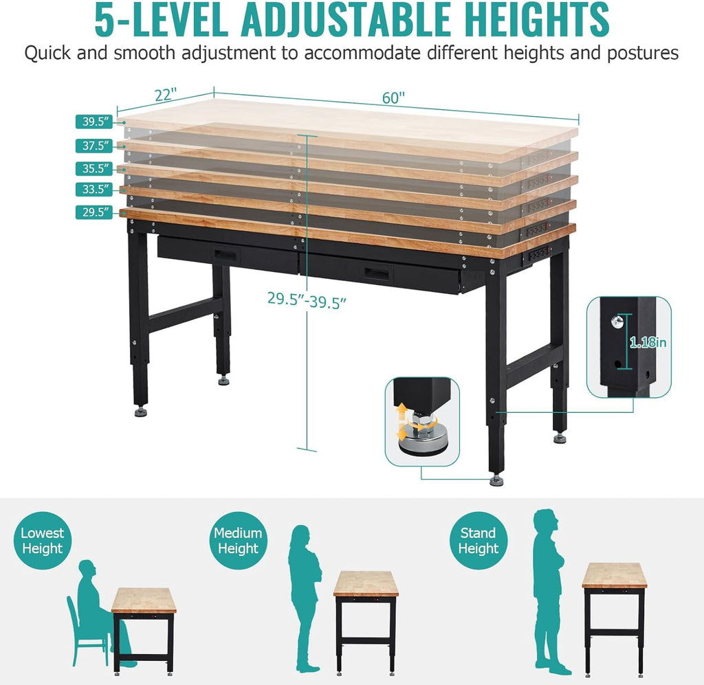 60 Inch Adjustable Height Rubber Wood Workbench, Heavy Duty 3000LBS Work Table with Drawers & Pegboard, Power Outlets for Garage, Workshop, Home Office