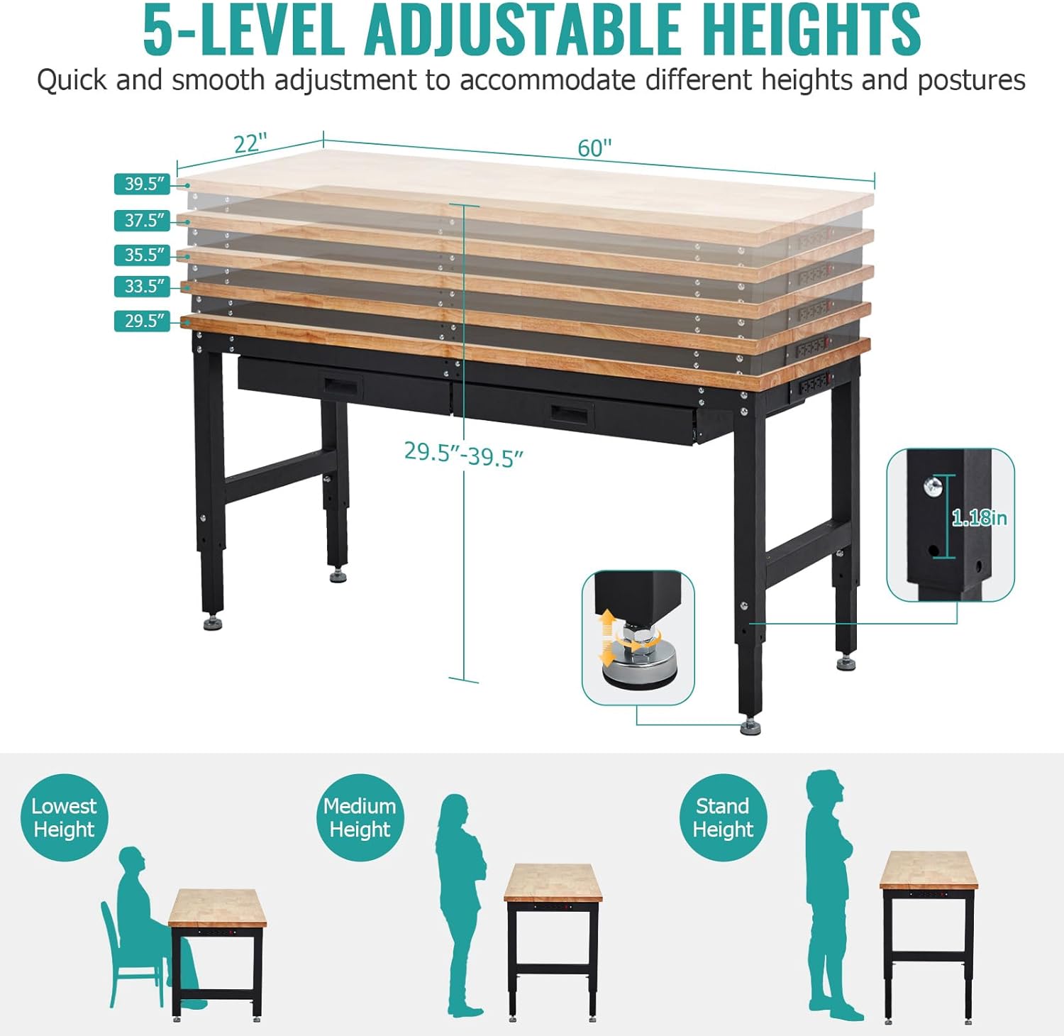60 Inch Adjustable Height Rubber Wood Workbench, Heavy Duty 3000LBS Work Table with Drawers & Pegboard, Power Outlets for Garage, Workshop, Home Office